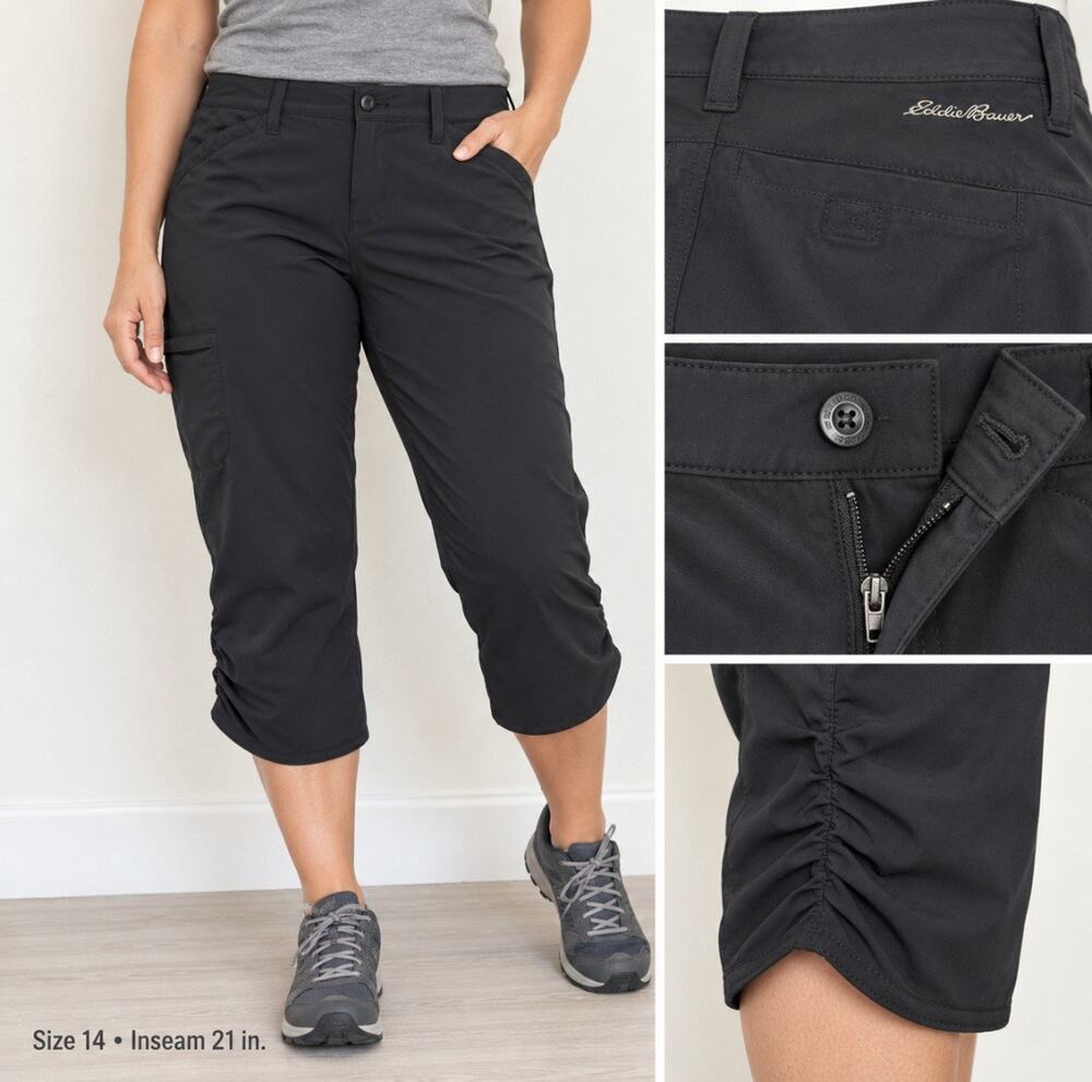 Gorpcore Outdoor Eddie Bauer Size 14 Black Cargo Hiking Capri Pants Ruched Hem